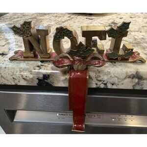 Vtg Heavy Brass Enamel NOEL Holly Christmas Stocking Hanger Holder Mantle India